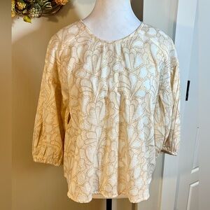 NWT NSR Metalic Gold Thread Lace Dressy  Scoop Neck Elastic Sleeve Blouse Sz M